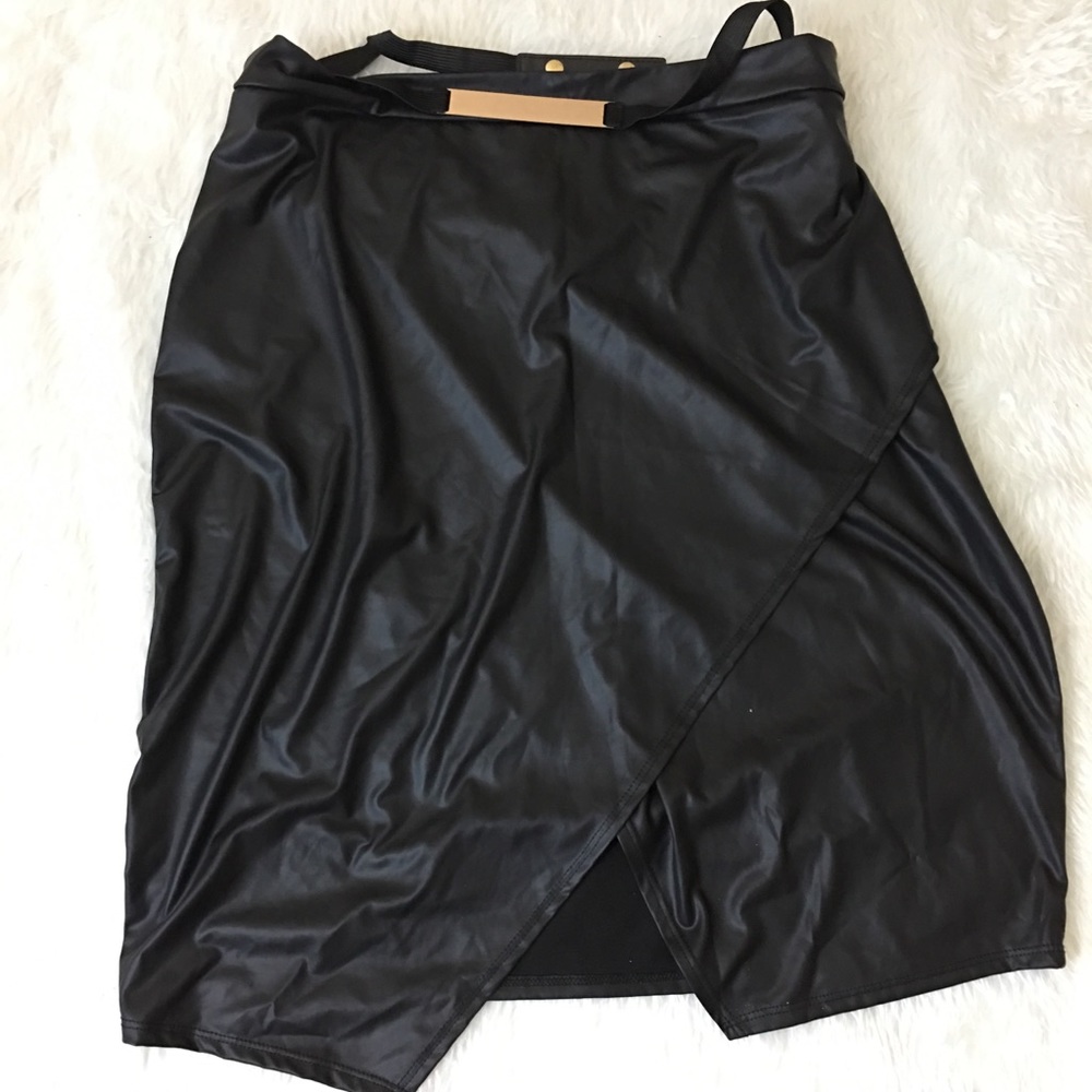 BLUSH Blk Pleather Faux Wrap Skirt w/Gold Belt - Picture 2 of 6